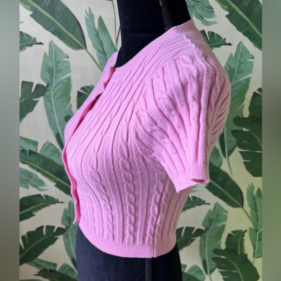 Princess Polly Womens Pink Cableknit Short Sleeve Cropped Cardigan Sweater M/L - Picture 3 of 6